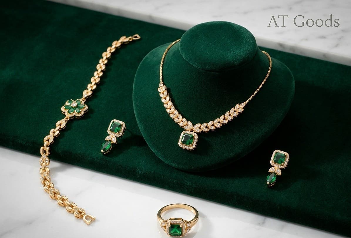 Emerald-Cut Green Glass Stone Jewelry Set