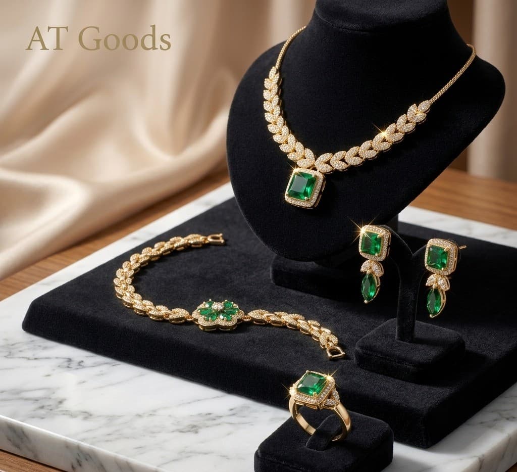Emerald-Cut Green Glass Stone Jewelry Set 3
