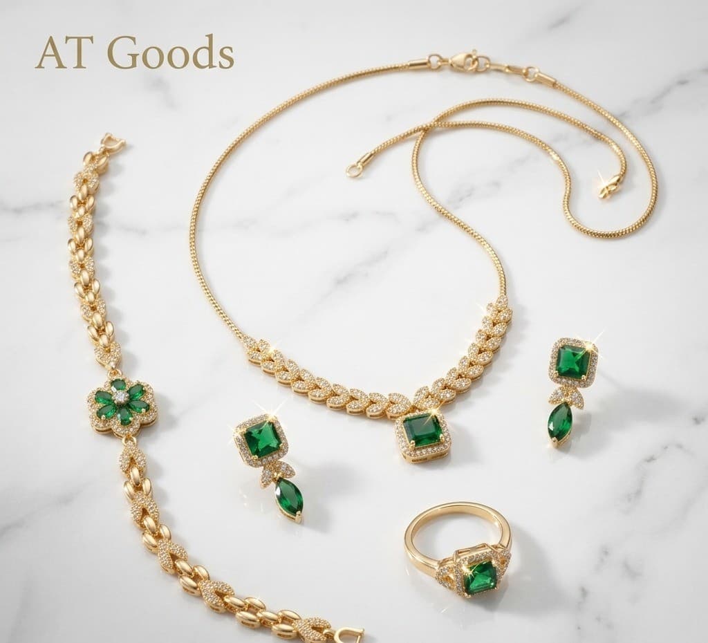 Emerald-Cut Green Glass Stone Jewelry Set 2